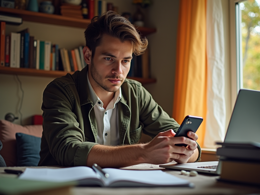 Młody mężczyzna przegląda telefon, siedząc przy biurku z książkami i laptopem.