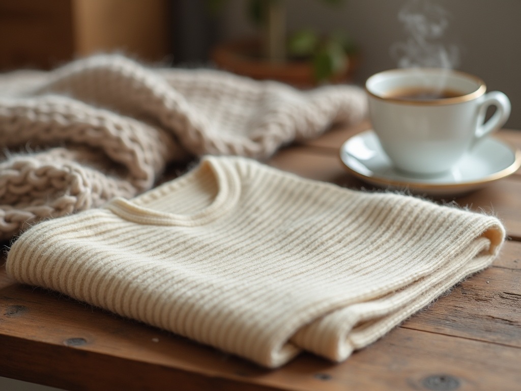 Sweter i filiżanka gorącej kawy na drewnianym stole, obok koc, domowa atmosfera.